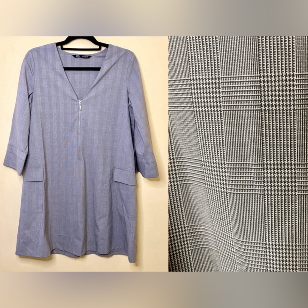 Zara Shift Dress Black White Plaid Half Zip 3/4 Sleeves Oversized Size Small